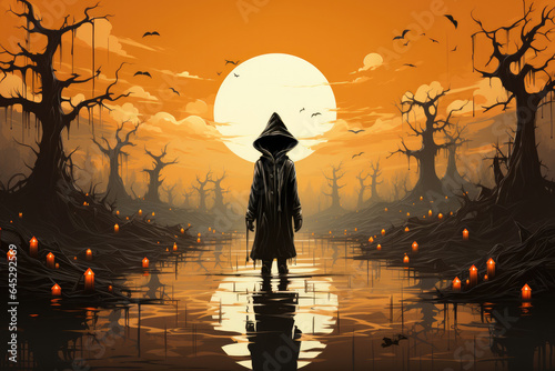 Halloween background - magical forest with lanterns and bats  glowing pumpkins  full moon  cemetery  haunted houses  fog