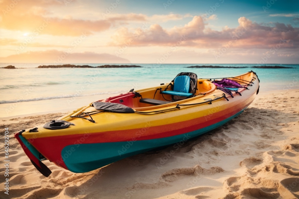 Colorful kayaks on the sandy beach of a tropical island.