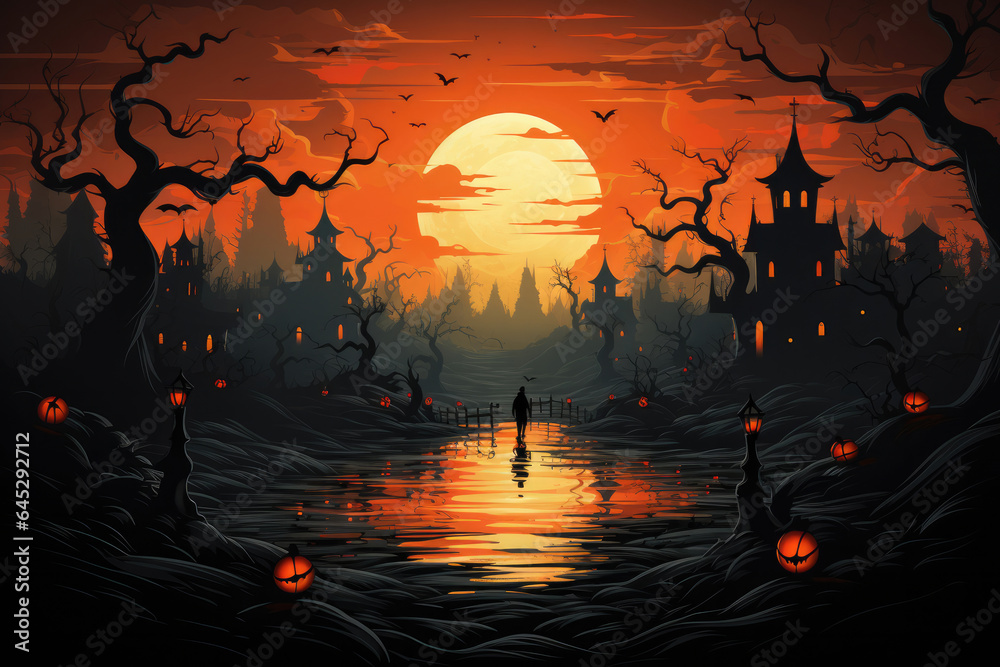 Halloween background - magical forest with lanterns and bats, glowing pumpkins, full moon, cemetery, haunted houses, fog