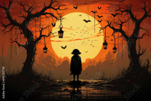 Halloween background - magical forest with lanterns and bats, glowing pumpkins, full moon, cemetery, haunted houses, fog