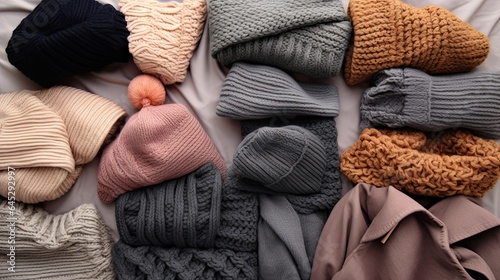 Collection of warm knitted scarves, gloves, and hats arranged on a cozy woolen surface.