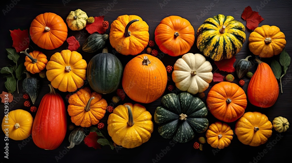 Variety of pumpkins, gourds, and autumn fruits arranged on a dark textured canvas.