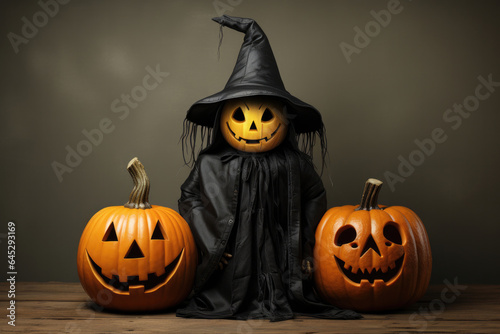 Halloween background, a mystical character with a pumpkin instead of a head in black clothes and a black hat next to two smiling carved pumpkins