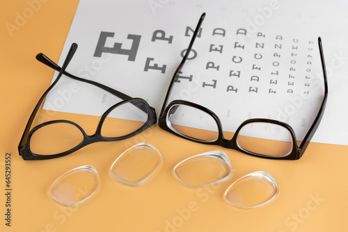 Old glass lenses in front of newly changed shortsighted reading eyeglass lenses with blurred paper of Snellen eye test chart on bright yellow background photo