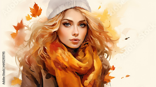 Autumn woman with scarf, watercolor style