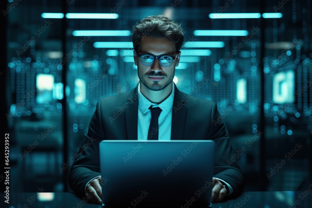 Handsome businessman professional working on aptop computer in office, Generative AI Handsome businessman professional working on aptop computer in office, Generative AI