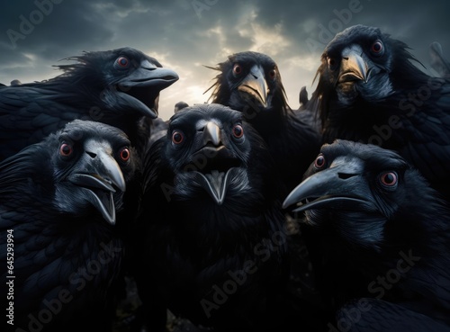 A group of crows looking at the camera