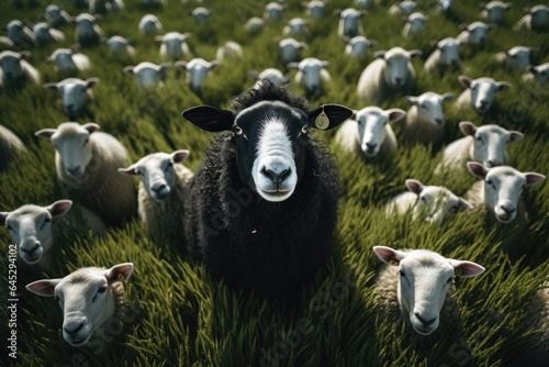 Black sheep among white sheep on green meadow. Generative AI