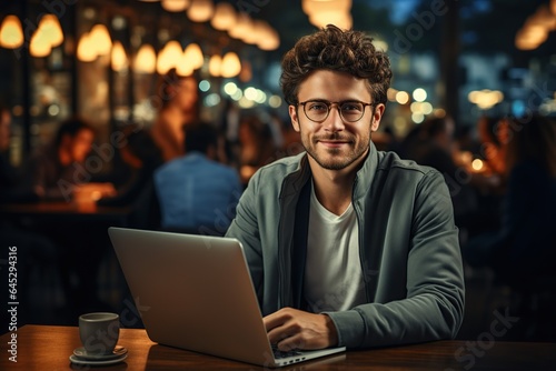 Handsome businessman professional working on aptop computer in office, Generative AI