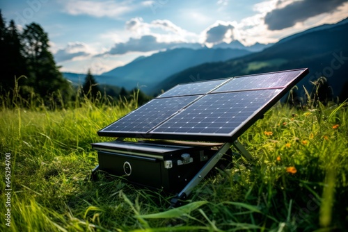 Solar portable batteries Portable solar panels on the background of nature. The concept of sustainable use of resources