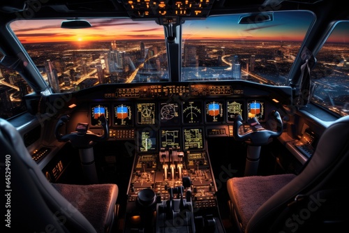 Plane cockpit and city. Generative AI
