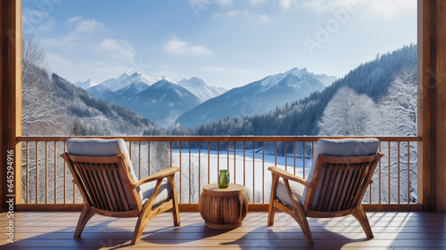 sunset mountains lake wooden patio with two armchairs, relax in outdoor and winter nature © andreusK