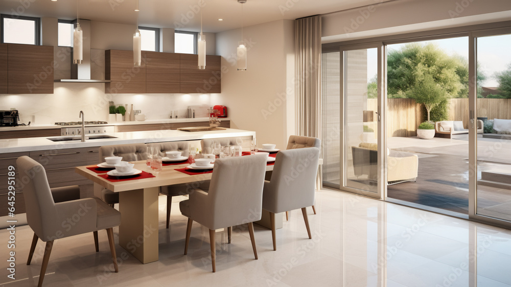 Stylish modern kitchen with table set for dinner within chic home, AI Generative. Stylish modern kitchen with table set for dinner within chic home, AI Generative.