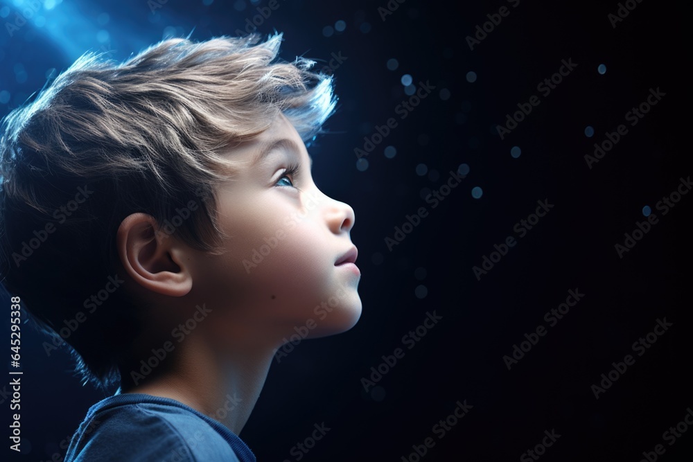 Dreaming young boy on dark background with copy space, close-up.