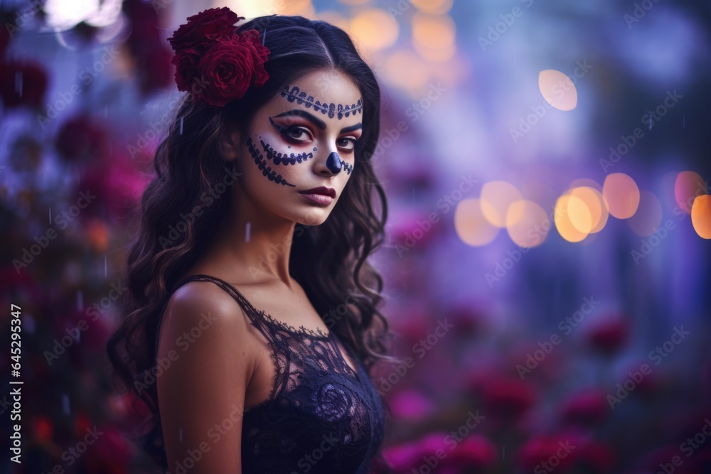 Portrait of an attractive brunette with festive death day makeup against a backdrop of lights in purple tones. Portrait of an attractive brunette with festive death day makeup against a backdrop of lights in purple tones.