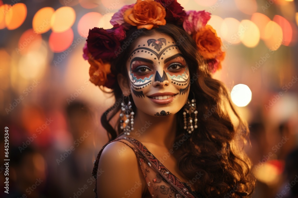 Portrait of an attractive brunette with festive death day makeup against a backdrop of lights.