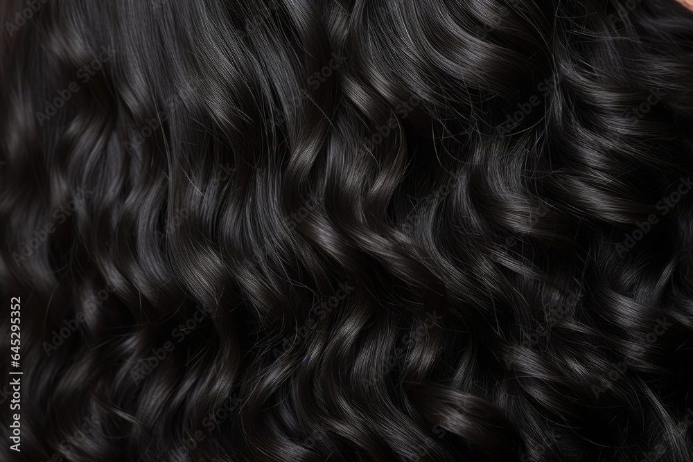 Texture of black chic curly hair, close-up. - obrazy, fototapety, plakaty 