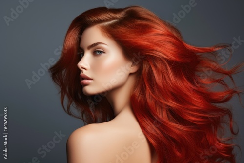 Portrait of a young girl in profile with gorgeous developing red hair on a dark background.