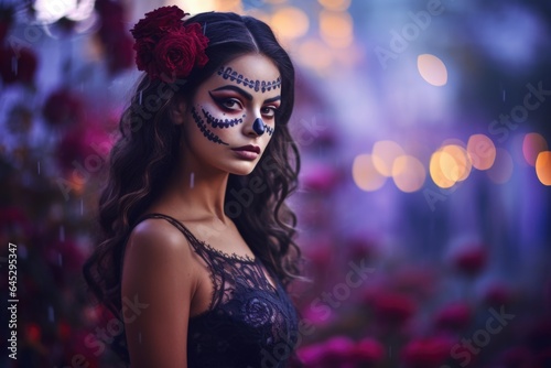 Portrait of an attractive brunette with festive death day makeup against a backdrop of lights in purple tones.