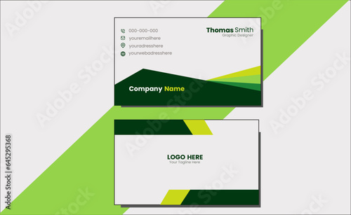 Professional and corporate double sided modern and creative business card design with green and yellow shape
