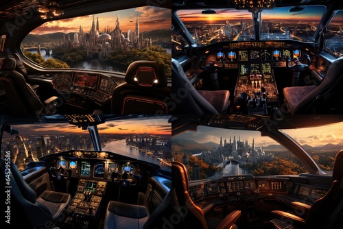 Plane cockpit and city. Generative AI
