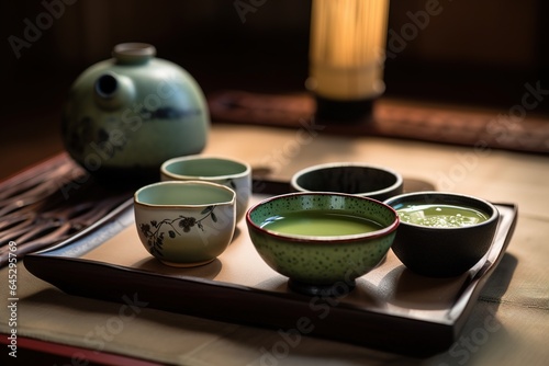 Japanese tea ceremony with a traditional teacups and teapot. Generative AI