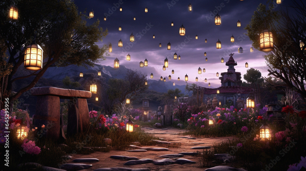 Serene Day of the Dead Scene in Rural Mexican Village Children Releasing Lanterns to Guide Departed Serene Day of the Dead Scene in Rural Mexican Village Children Releasing Lanterns to Guide Departed