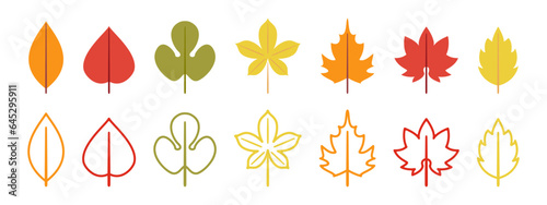 赤色オレンジ色黄色の日本の紅葉、秋の楓の落ち葉、ベクターアイコンイラスト素材セット