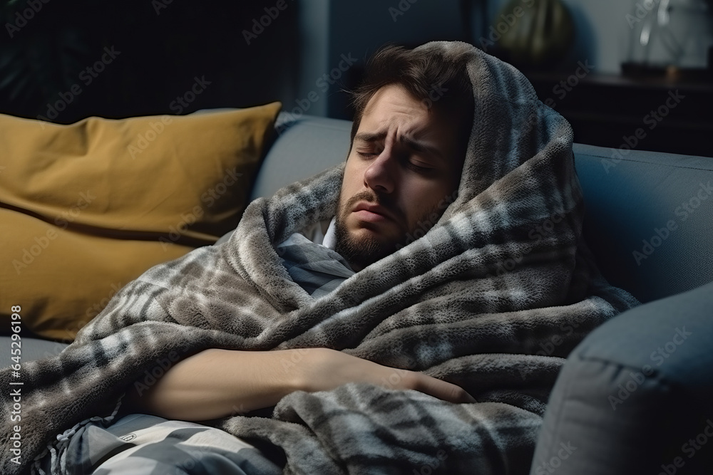 Sick young man covered with blanket, lying on sofa due to illness, flu or winter cold concept Sick young man covered with blanket, lying on sofa due to illness, flu or winter cold concept