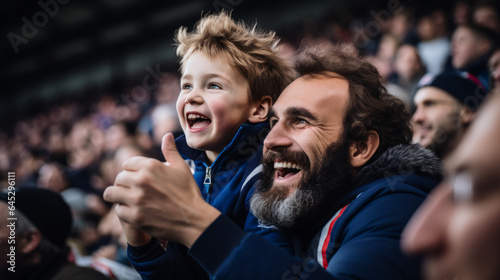 French father and son in stands, filled with enthusiastic supporters of rugby or football team wearing blue clothes to support national sports team © Keitma