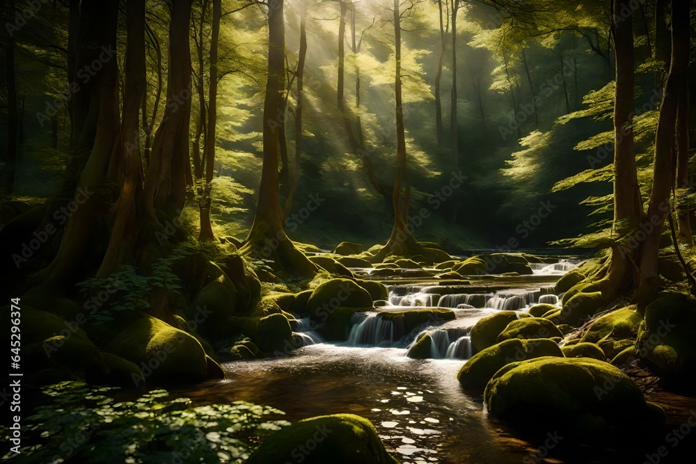 A secluded forest glade with dappled sunlight and a pristine stream, a hidden gem in the heart of nature.