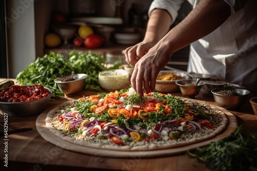 Pizza chef putting fresh basil on a pizza