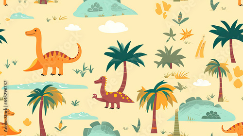 seamless pattern with palm trees and dinosaurs © RDO