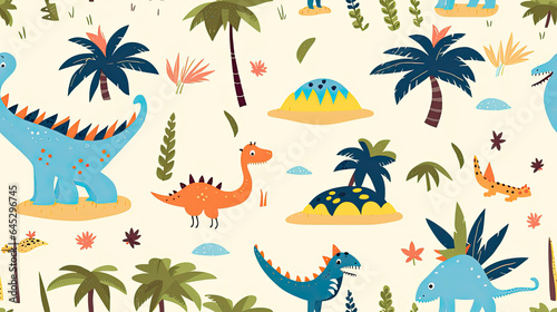 seamless pattern with palm trees and dinosaurs