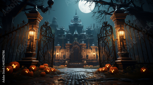 Haunted Mansion, Halloween, pumpkins, spider web generative AI illustration