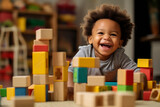 African American toddler playing with toys, colorful wooden block toys