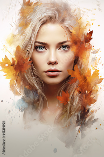 woman autumn not close-up portrait, beautiful eyes, leaves