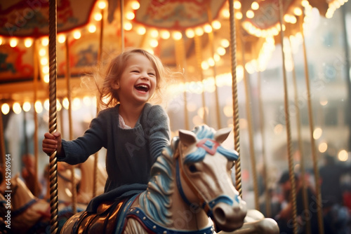 Happy young girl having fun on a carousel at an amusement park photo