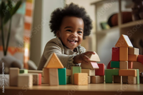 African American toddler playing with toys, colorful wooden block toys