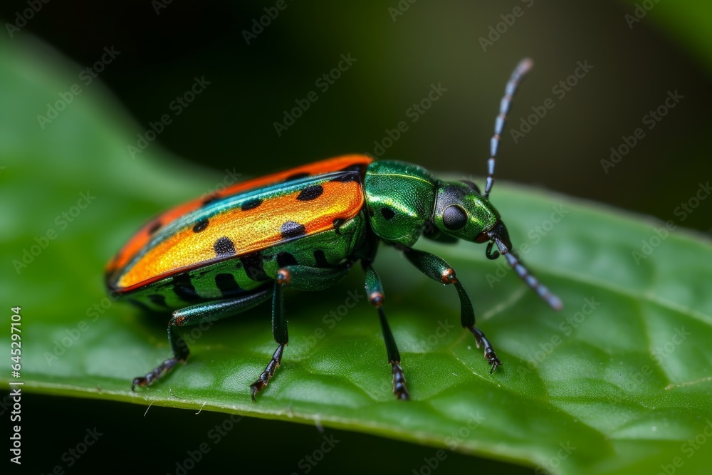 Naklejka premium A vibrant insect perched on a lush green leaf