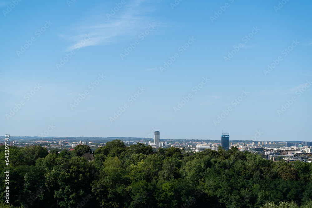 Krakow panorama from Krakus Mound, Kopiec Kraka, Krakusa or Krak Mound in Kraków, Poland. Scenic landscape view of historic Cracow city. - obrazy, fototapety, plakaty 