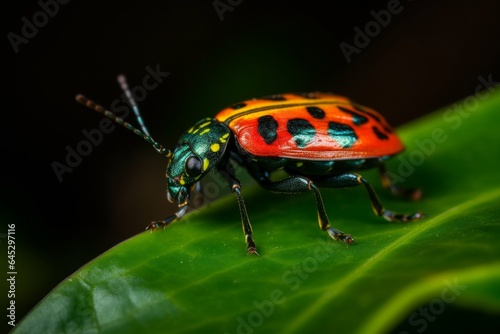 A vibrant bug perched on a lush green leaf