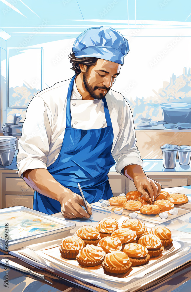 Pastry chef mixed race man preparing and decorating cakes. Pastry chef mixed race man preparing and decorating cakes.
