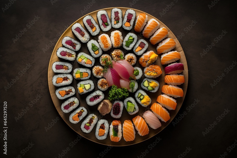 Sushi rolls arranged in a round shape on wooden plate