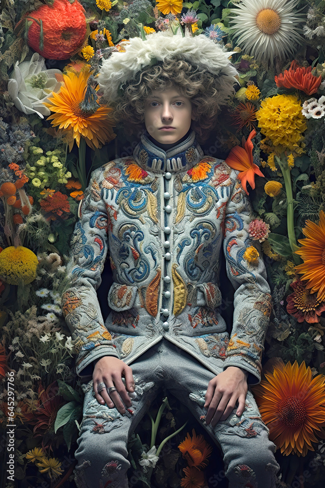 Young boy with curly hair dressed in baroque suit, background of flowers