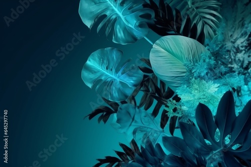 Green leaves on a vibrant blue background