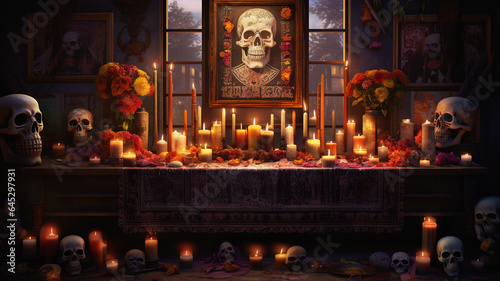 Enchanting Dia de los Muertos Altar in a Dimly Lit Setting