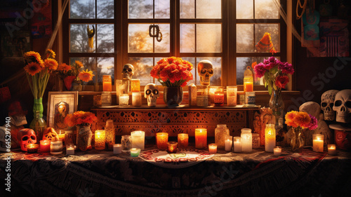 Enchanting Dia de los Muertos Altar in a Dimly Lit Setting