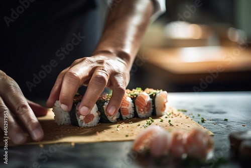 Sushi chef creating an intricate sushi set on wooden table