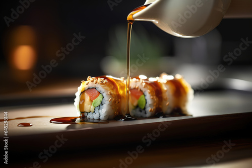 An asian sushi roll dipped into soy sauce
